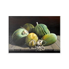 Meloni su vecchio scaffale - olio su tela 70x50 cm.